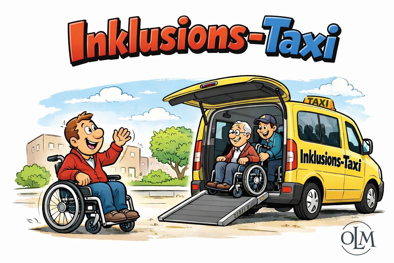Karikatur zum Start der InklusionsTaxis im Bezirk. Die Grafik zeigt ein Großraumtaxi von von hinten. Die Heck-Klappe ist offen. Ein freundlicher Taxifahrer schiebt einen lächelnden Rollstuhlfahrer aus dem Taxi. Vor dem InklusionsTaxi steht ein weiterer Rollstuhlfahrer, der sich auf eine Mitfahrt freut und winkt den Anderen zu.