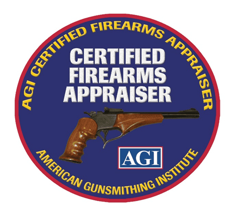 Certified Firearms appraiser, AGI certified firearms appraiser; American gunsmithing institute, logo