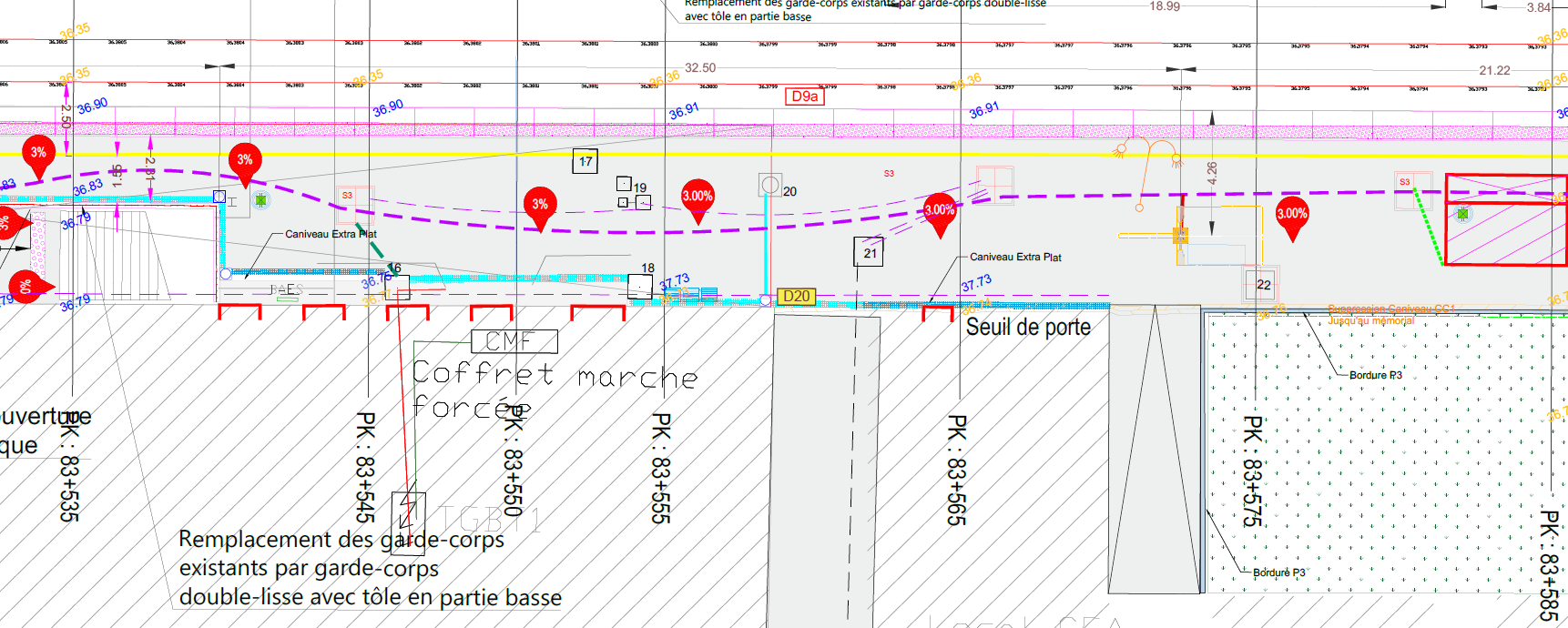 Plan topographique — mural de plans et annotations