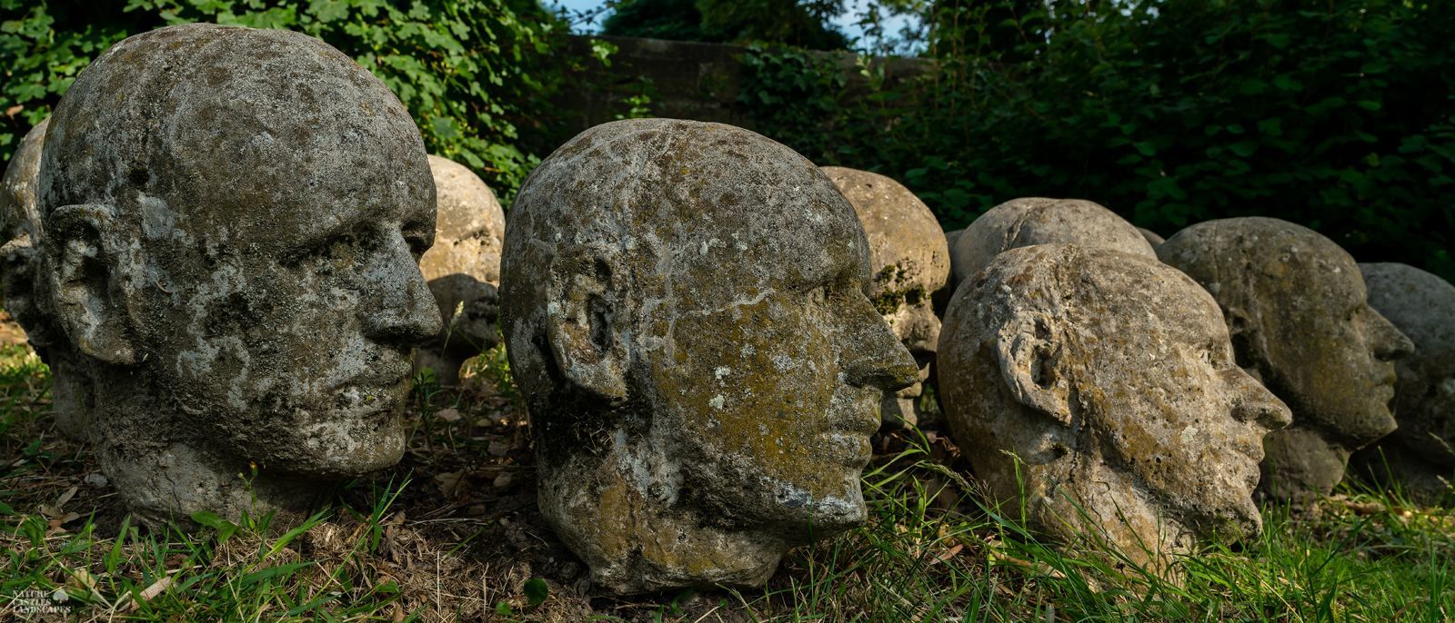 concrete heads as art on a cementary