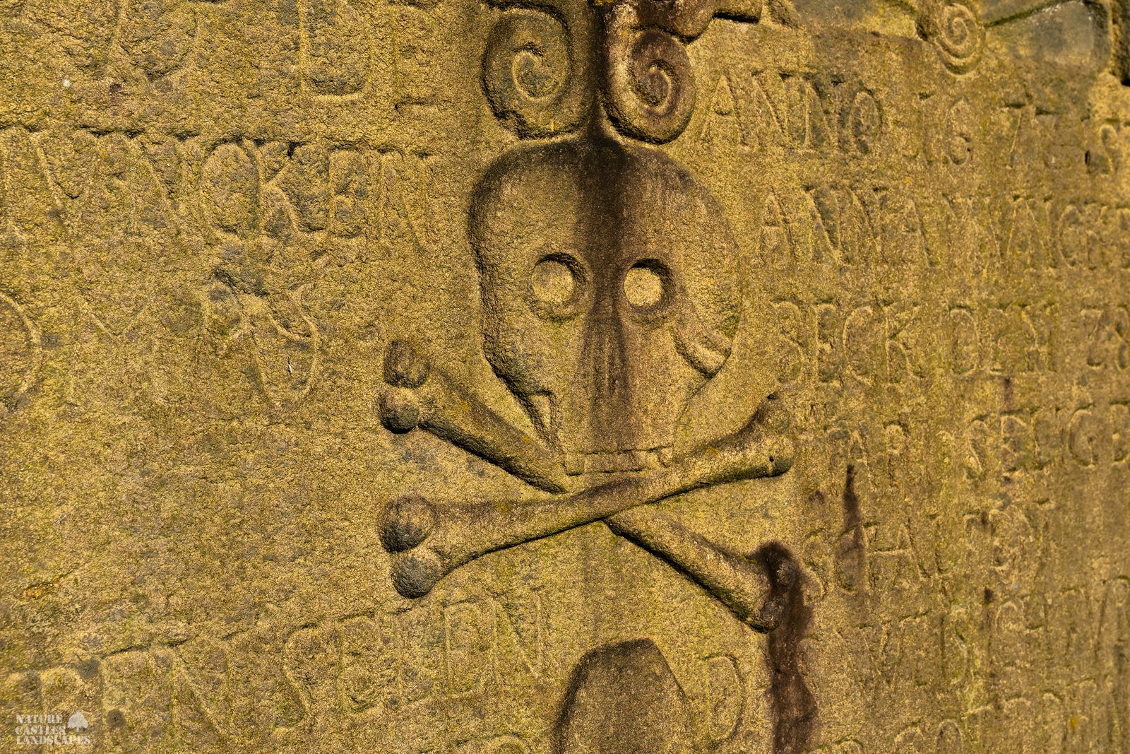 historic tombstones with skull and bones