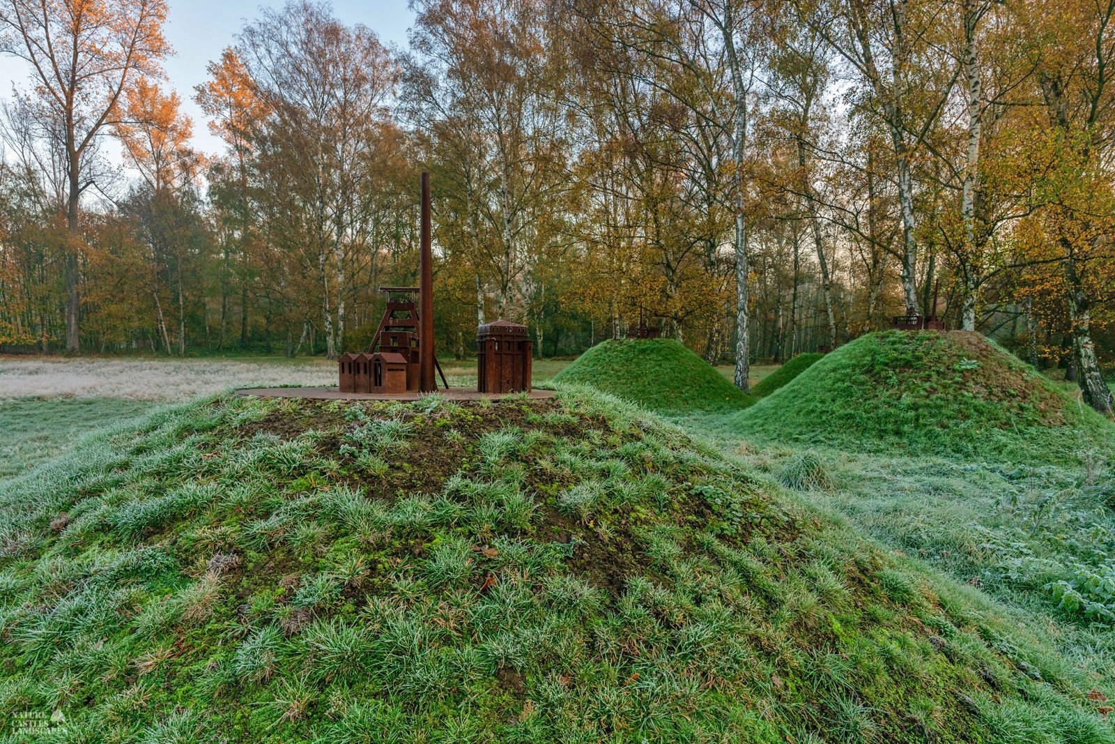 three metal models of a colliery at castlepark herten