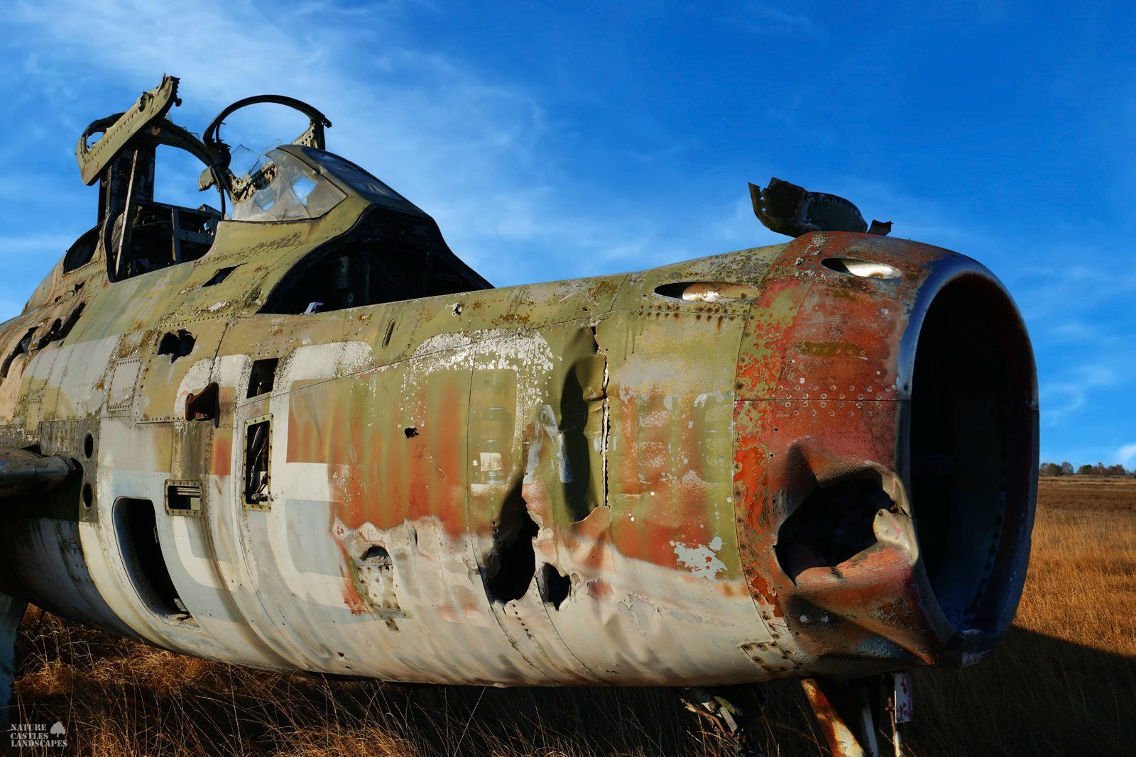 front view of abandoned jet F-84 at the military training area