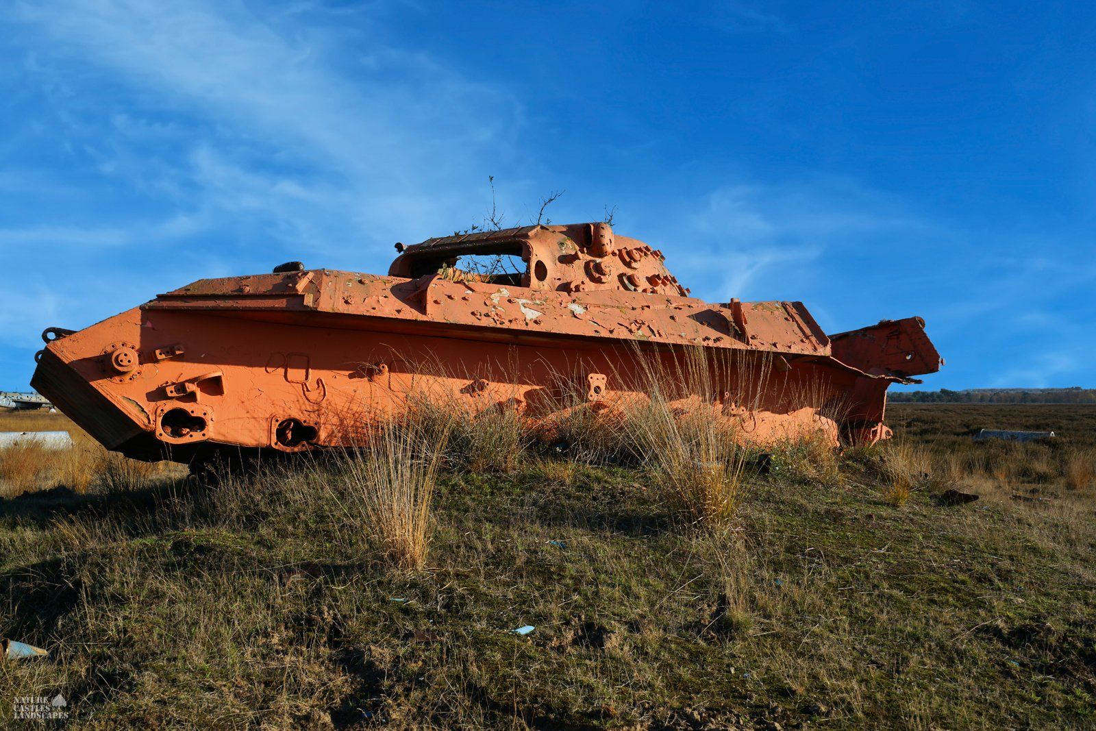 leopard tank wreck before blue sky
