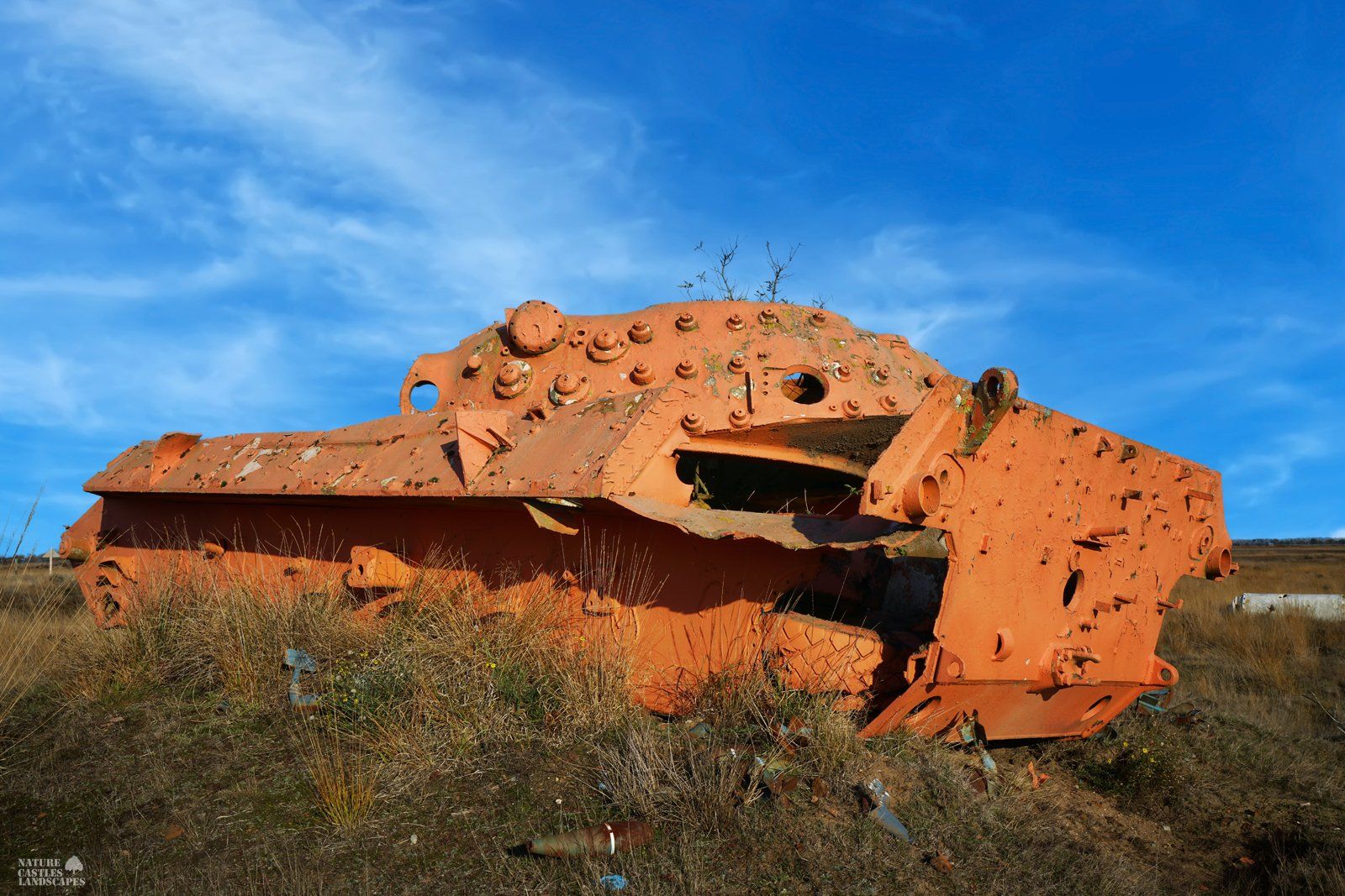 leopard tank wreck before cloudy sky