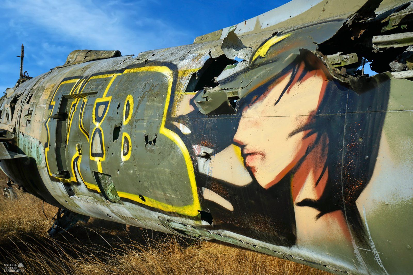 graffiti on a abandoned jet F-84 thunderstreak