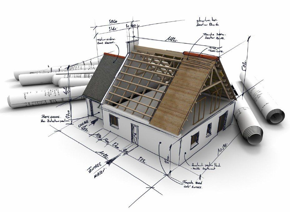 Architect Markings & Papers Surrounding an Animated House Missing Part of its Roof
