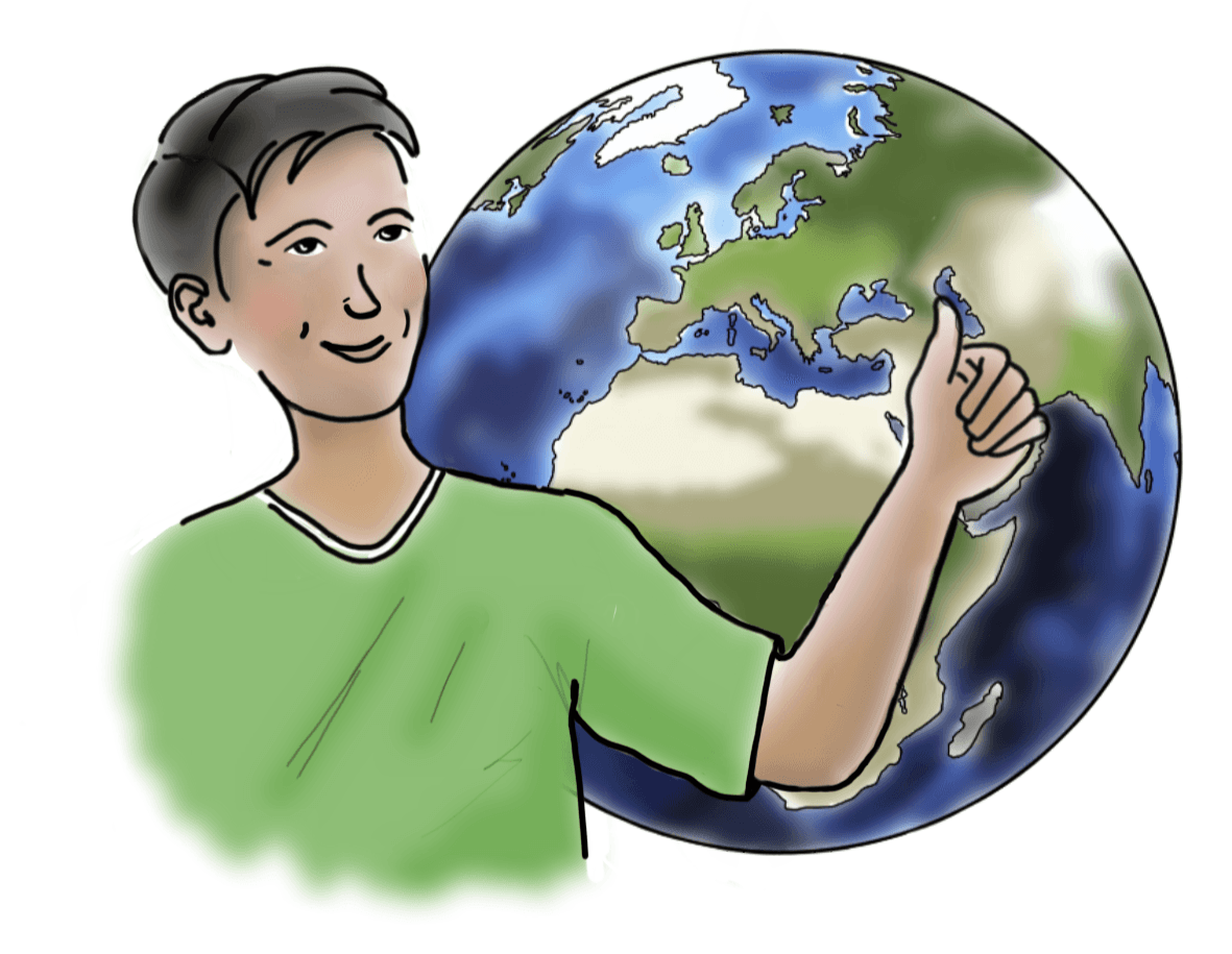 Ein junger Mann mit grünem T-Shirt steht vor einer Weltkugel und zeigt mit dem Daumen nach oben.