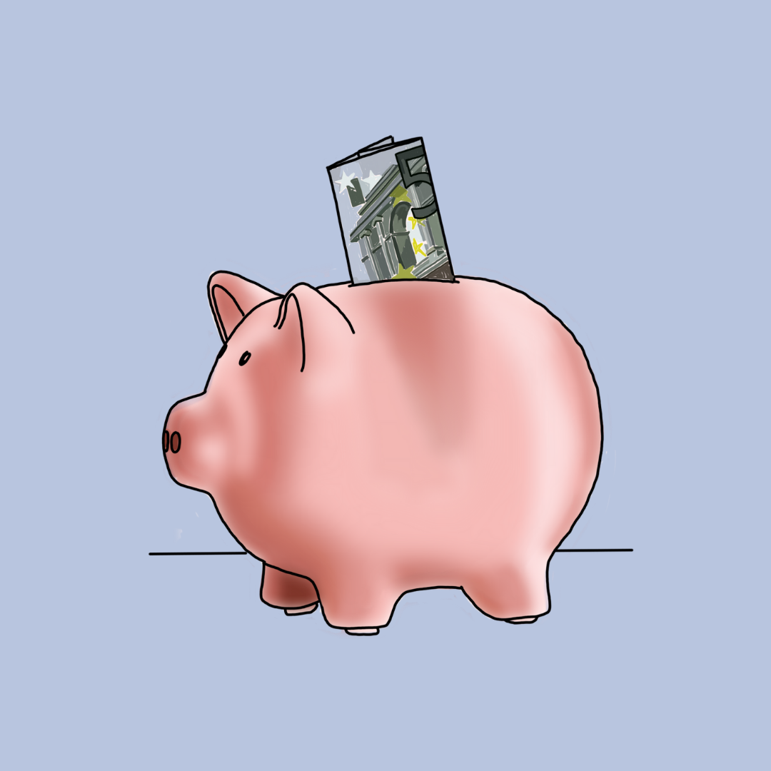 Ein rosa Sparschwein mit einem Geldschein, der oben hineingesteckt wird.