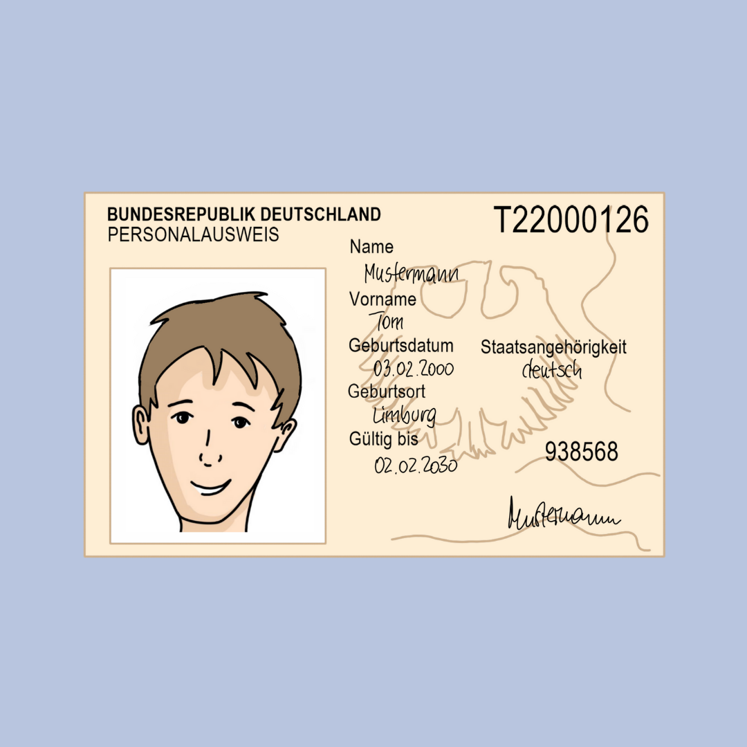 Abbildung eines deutschen Personalausweises mit Foto einer jungen Person. Der Ausweis zeigt beispielhafte Angaben wie Name „Mustermann, Tom“, Geburtsdatum „03.02.2000“ und Ausstellungsort „Limburg“. Oben steht „BUNDESREPUBLIK DEUTSCHLAND PERSONALAUSWEIS“.