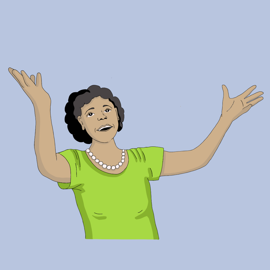 Illustration einer Frau mit kurzen lockigen Haaren, grüner Bluse und Perlenkette, die beide Arme offen hebt, als würde sie etwas erklären oder betonen.