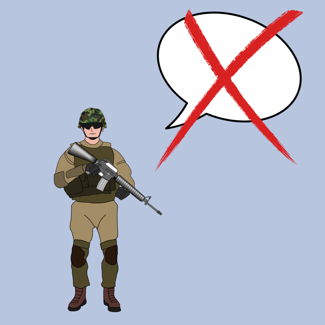 Ein Soldat, daneben eine durchgestrichene Sprechblase