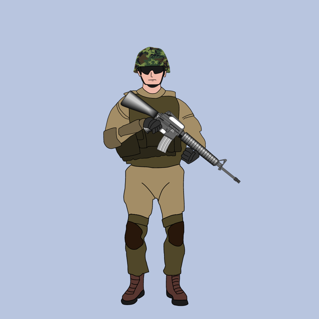 Bewaffneter Soldat in Tarnkleidung und Helm steht frontal mit einem Gewehr in der Hand.