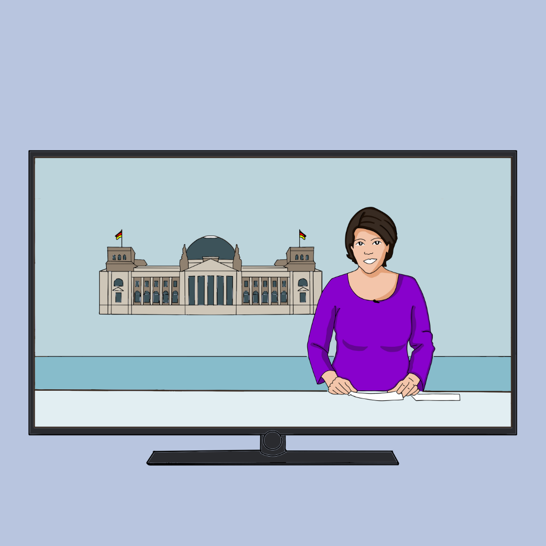 Ein Fernseher zeigt eine Nachrichtensendung mit einer Moderatorin in lila Oberteil vor einem Hintergrundbild des Bundestagsgebäudes.
