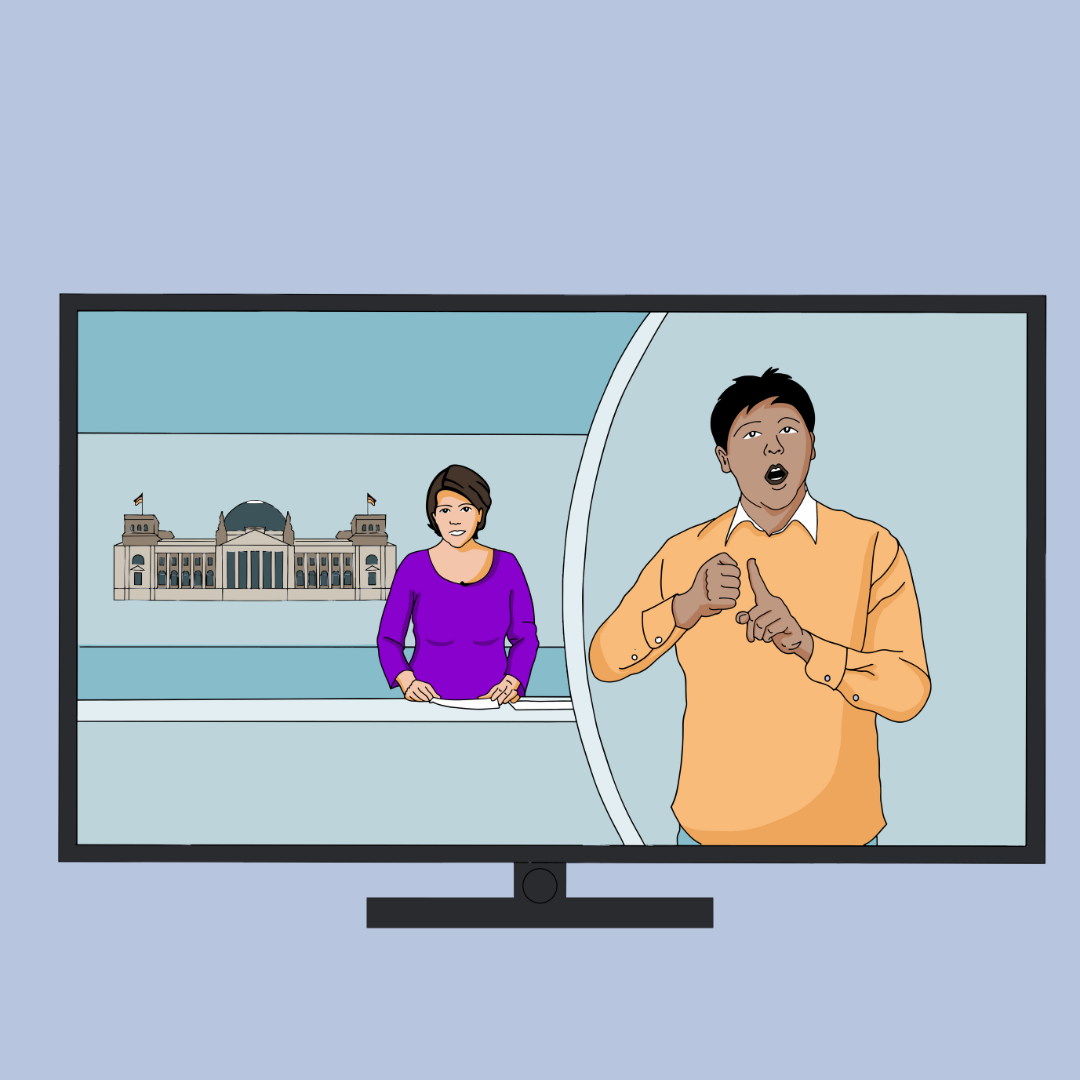 Ein Fernseher zeigt eine Nachrichtensendung mit einer Moderatorin in lila Oberteil und einem Gebäude im Hintergrund. Rechts im Bild steht ein Mann im orangefarbenen Pullover, der in Gebärdensprache dolmetscht.