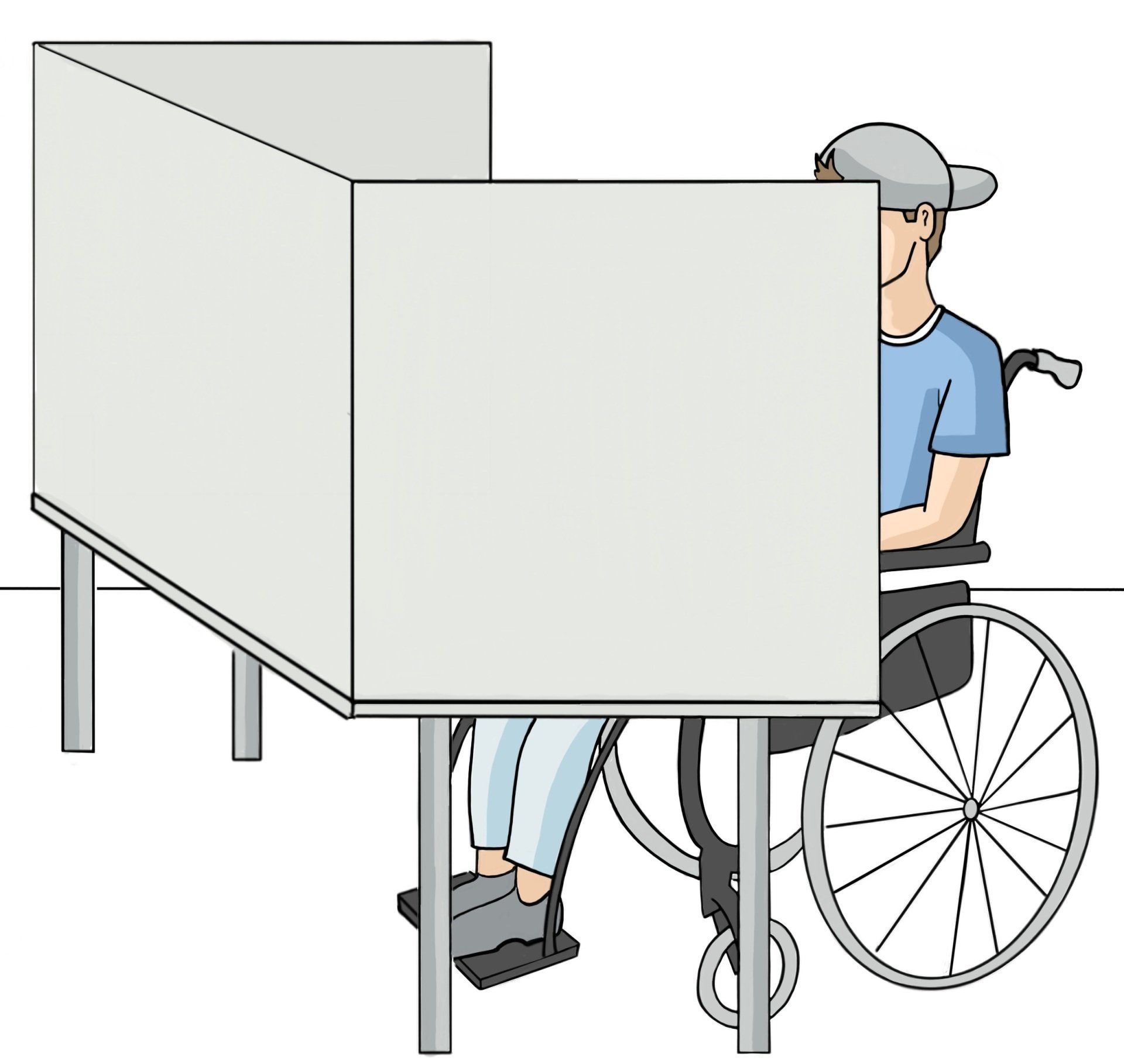 Ein Mensch mit Rollstuhl in einer Wahlkabine