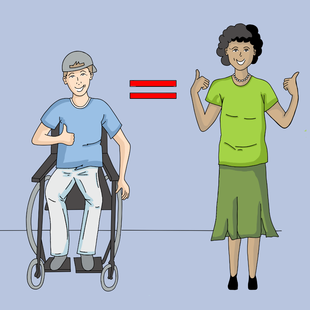 Ein Junge im Rollstuhl mit Daumen-hoch-Geste und eine Frau im grünen Kleid stehen nebeneinander. Zwischen ihnen ist ein rotes Gleichheitszeichen.