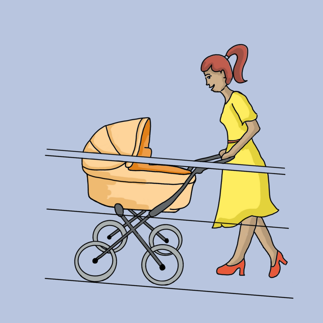 Eine Frau mit rotem Pferdeschwanz, gelbem Kleid und roten Schuhen schiebt einen orangen Kinderwagen auf dem Gehweg.