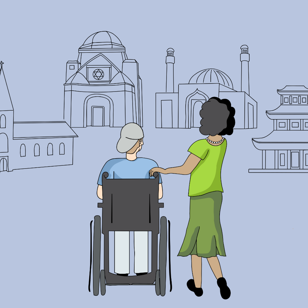 Ein junger Mann im Rollstuhl und eine junge Frau sind von hinten zu sehen. Sie schauen auf gezeichnete, unterschiedliche Orte des Glaubens: Eine Kirche, eine Moschee, eine Synagoge, einen Tempel.