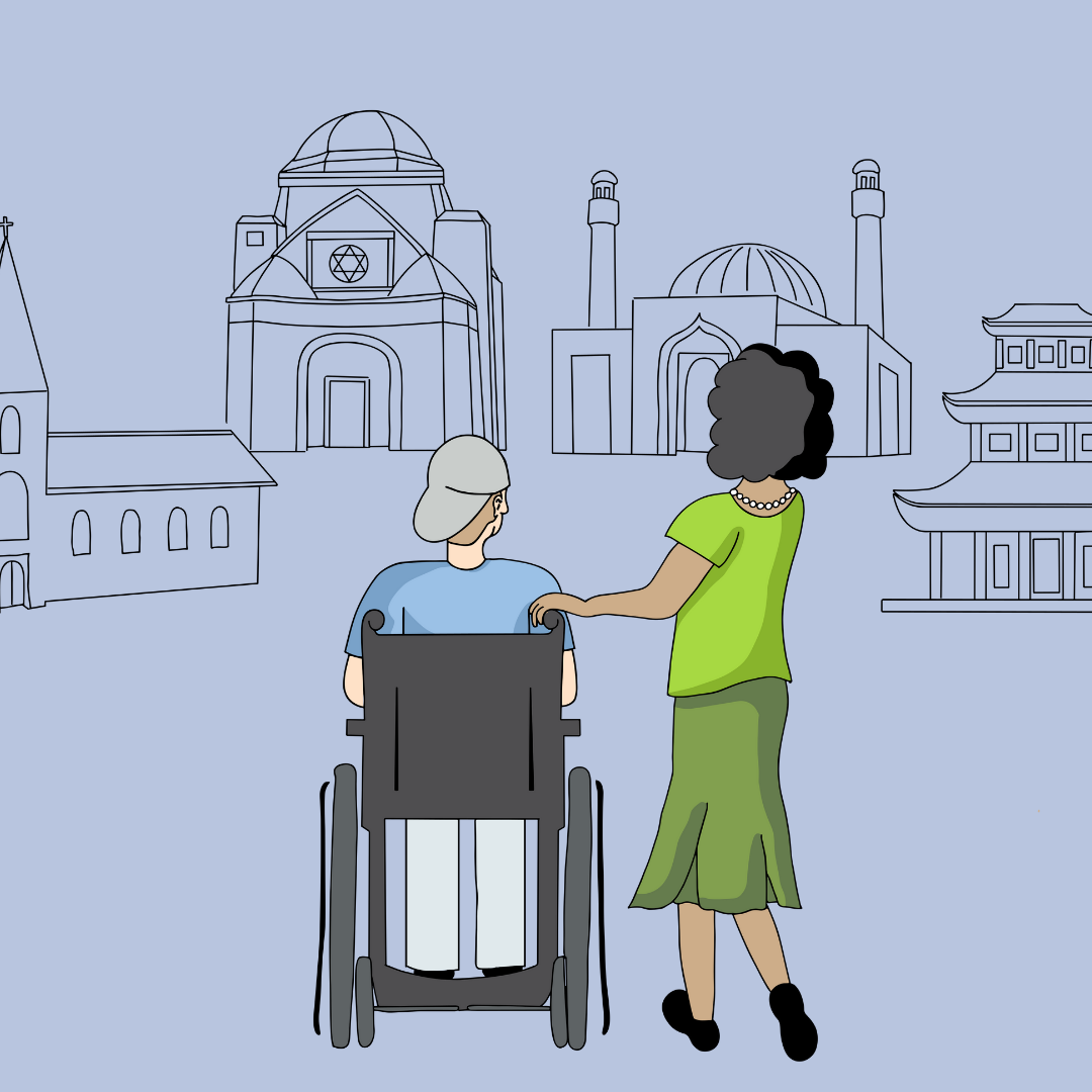 Rückansicht einer Frau und einer älteren Person im Rollstuhl, die gemeinsam vor verschiedenen gezeichneten Gotteshäusern stehen, darunter eine Synagoge, Moschee und ein Tempel.