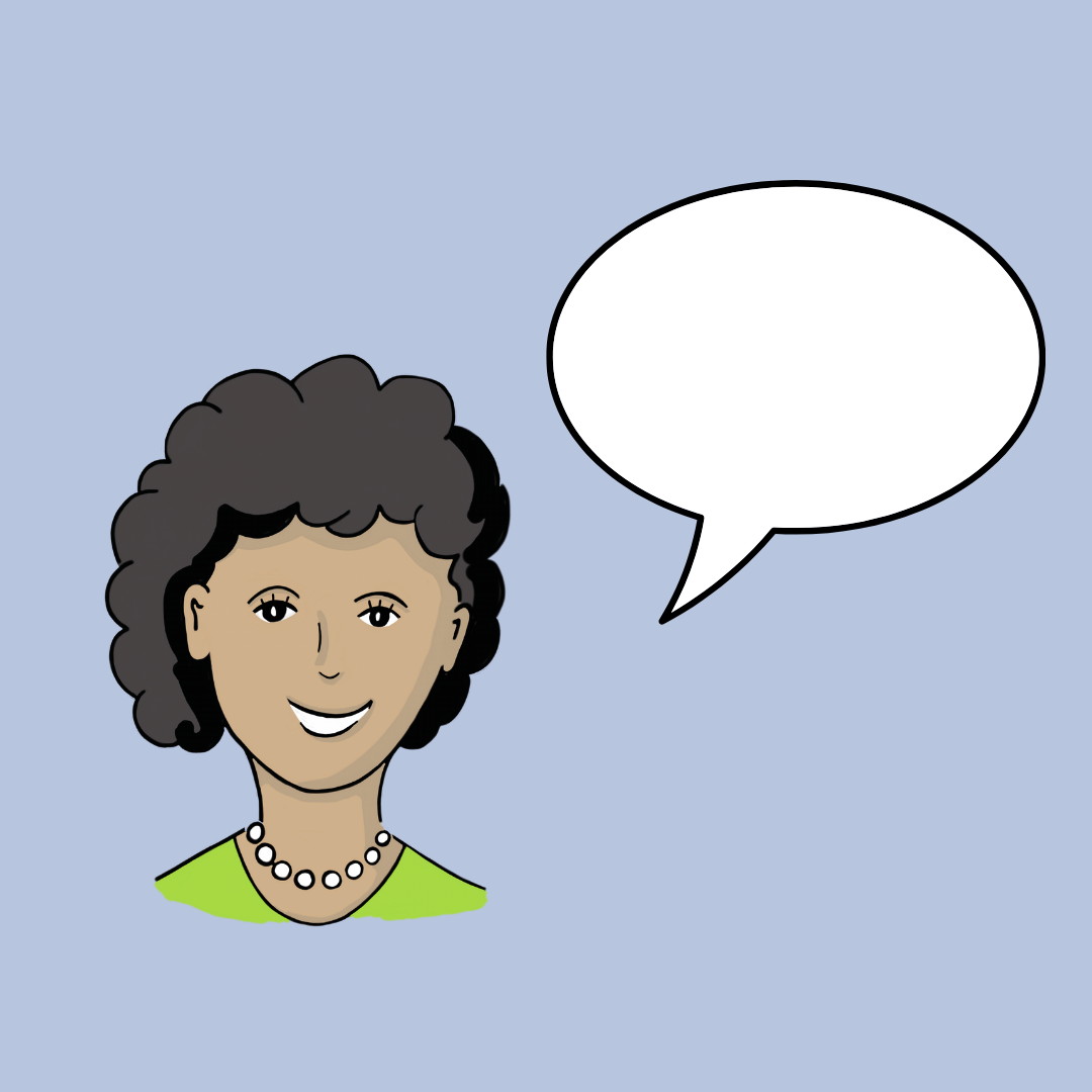 Gezeichnetes Porträt einer lächelnden Frau mit kurzen schwarzen Locken, grüner Bluse und Perlenkette. Rechts neben ihrem Kopf befindet sich eine leere Sprechblase.