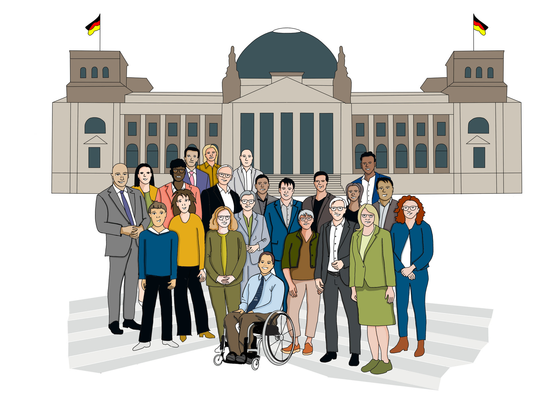 Vor dem Reichstagsgebäude in Berlin steht eine vielfältige Gruppe von Menschen, darunter Personen unterschiedlichen Alters, Geschlechts, Hautfarben und mit sichtbarer Behinderung. Im Hintergrund wehen zwei deutsche Flaggen auf den Türmen des Gebäudes.
