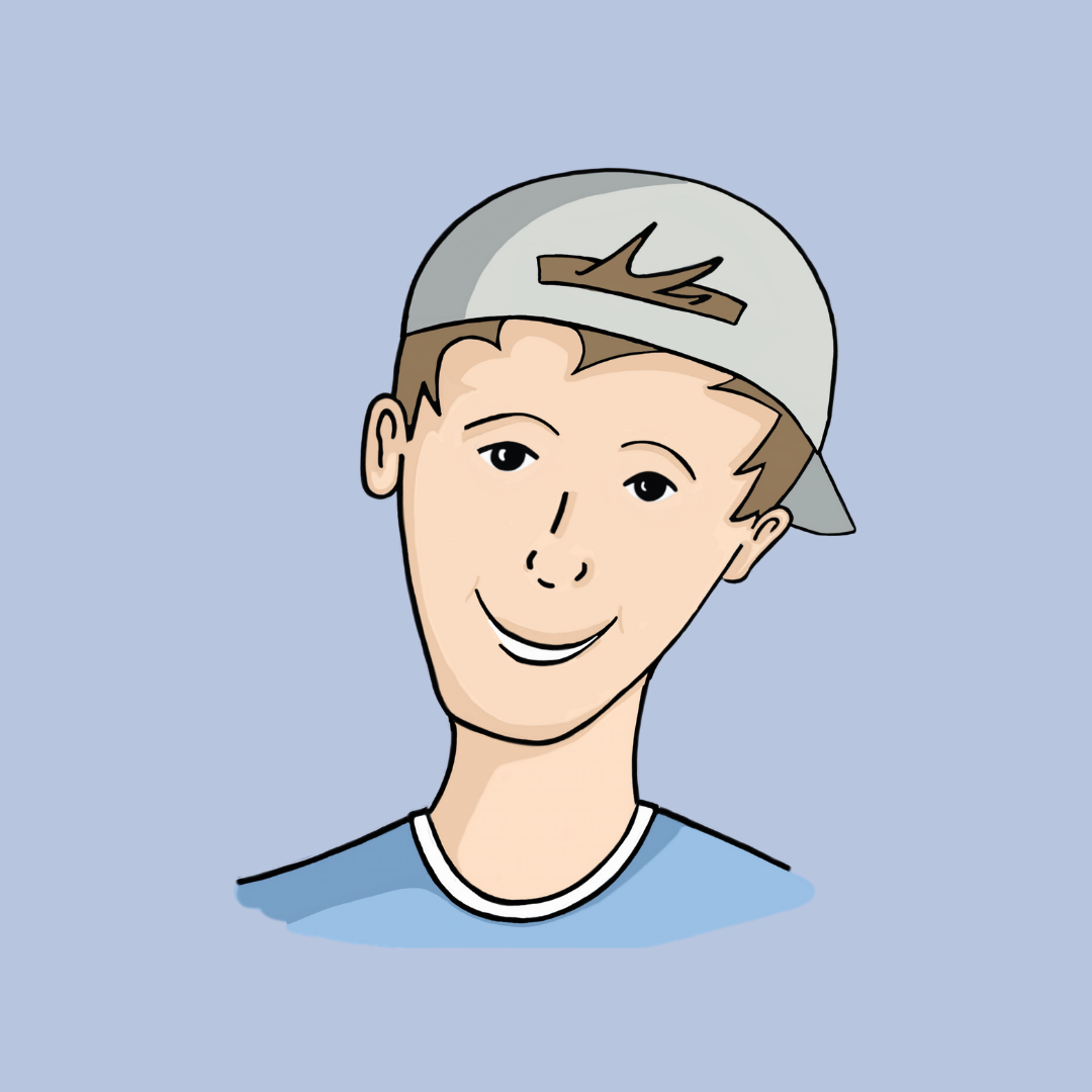 Gezeichnetes Porträt eines freundlich lächelnden Jungen mit Basecap und hellblauem T-Shirt vor hellblauem Hintergrund.