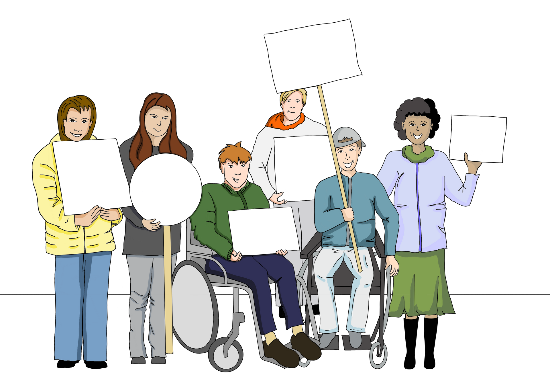 Sechs Personen stehen nebeneinander, einige im Rollstuhl. Sie halten leere Protestschilder hoch.