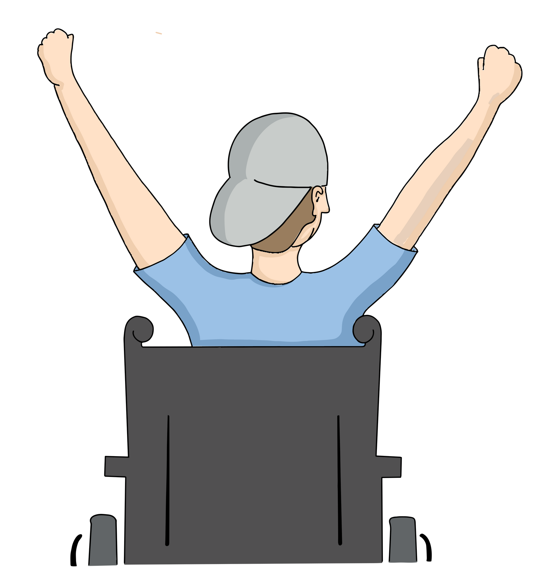 Eine Person im Rollstuhl, von hinten zu sehen, reißt jubelnd beide Arme in die Luft. Die Person trägt ein hellblaues T-Shirt und eine graue Cap.