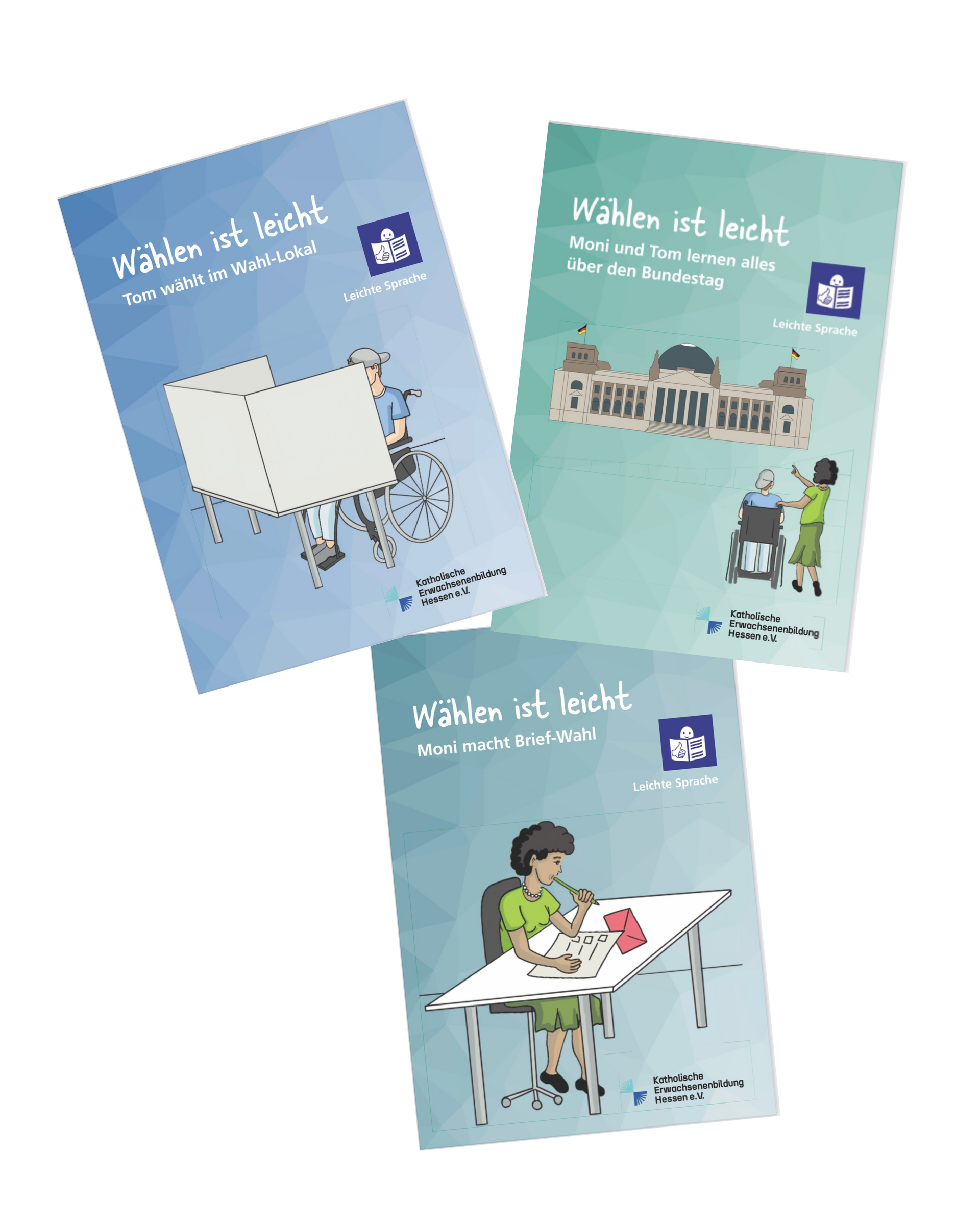 Drei Broschüren in Leichter Sprache zum Thema Wahlen mit den Titeln: „Wählen ist leicht – Tom wählt im Wahl-Lokal“, „Wählen ist leicht – Moni und Tom lernen alles über den Bundestag“ und „Wählen ist leicht – Moni macht Brief-Wahl“. Auf den Covern sind gezeichnete Szenen mit Menschen mit und ohne Behinderung beim Wählen oder Lernen über Politik zu sehen.