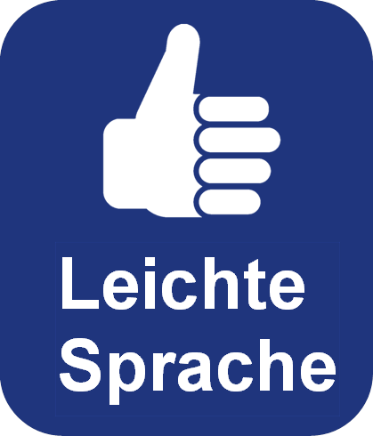 Symbol für Leichte Sprache: weißer „Daumen hoch“ auf blauem Hintergrund, darunter steht in weißer Schrift „Leichte Sprache“.
