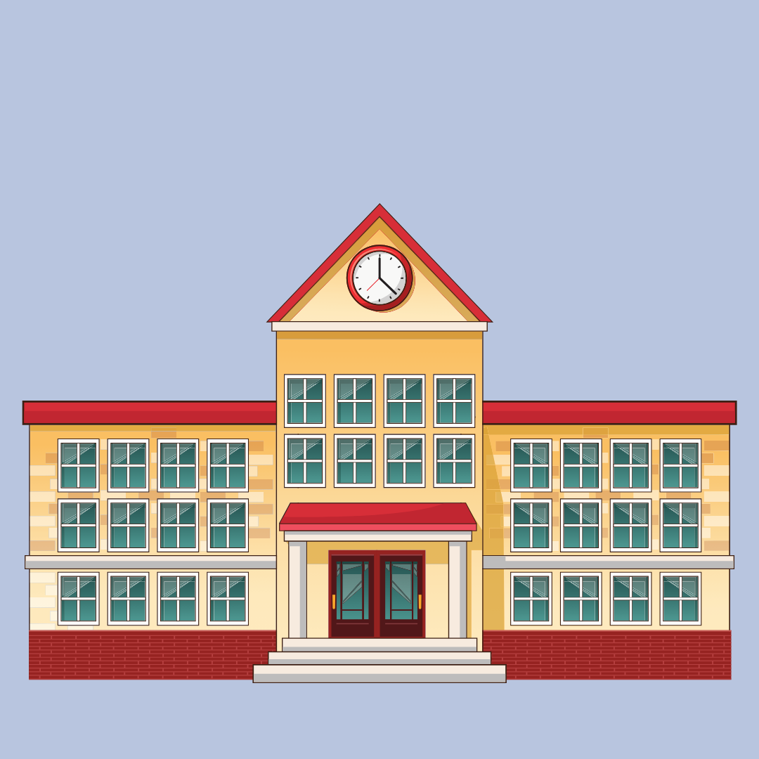 Großes, gelbes Schulgebäude mit vielen Fenstern, rotem Dach und Uhr über dem Eingang.