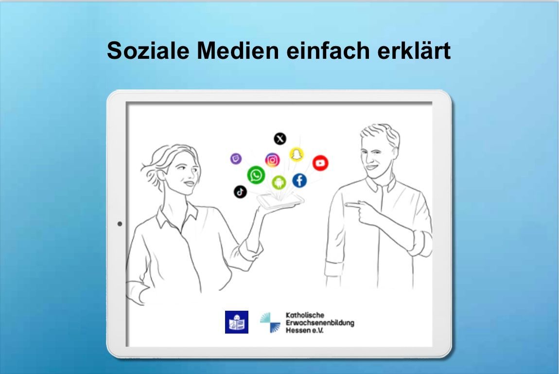 Soziale Medien einfach erklärt
Frau und Mann, die auf Smartphone schauen.
Über dem Smartphone schweben Logos von sozialen Medien wie zum Beispiel Instagram, Facebook, TikTok, WhatsApp und anderen.
Magst du unsere Erklärungen in Leichter Sprache?
Dann klicke auf das Herz unter dem Beitrag.
Und folge uns auf Instagram.
Logo von: Katholische Erwachsenenbildung Hessen e.V.