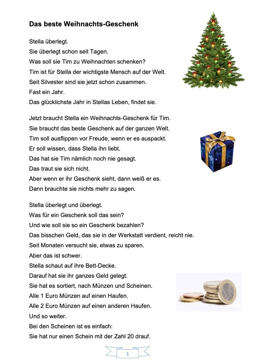 Seite mit dem Titel „Das beste Weihnachts-Geschenk“. Der Text erzählt in Einfacher Sprache, wie Stella für Tim ein Weihnachtsgeschenk sucht. Mit Bildern von einem Weihnachtsbaum, einem Geschenk und Münzen.