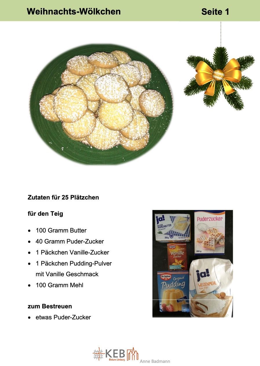Rezeptseite mit dem Titel „Weihnachts-Wölkchen“. Oben ein Teller mit Plätzchen, unten eine Zutatenliste und ein Foto von Zutaten wie Puddingpulver, Zucker und Butter.