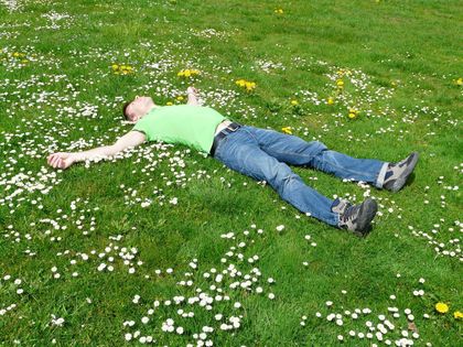 Träumender Mann auf Blumenwiese, Link zur Seite: Entspannung mit Traum-Reisen