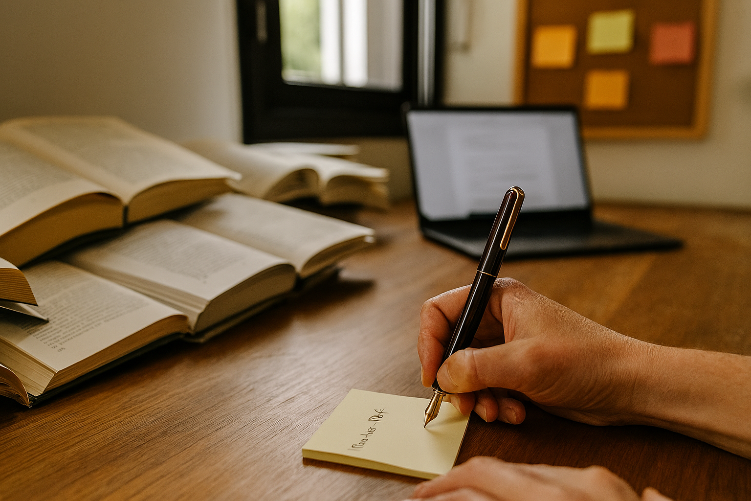 aufgeschlagene Bücher, schreibende Hand „Moschus-Duft“ Post-it Pinnwand