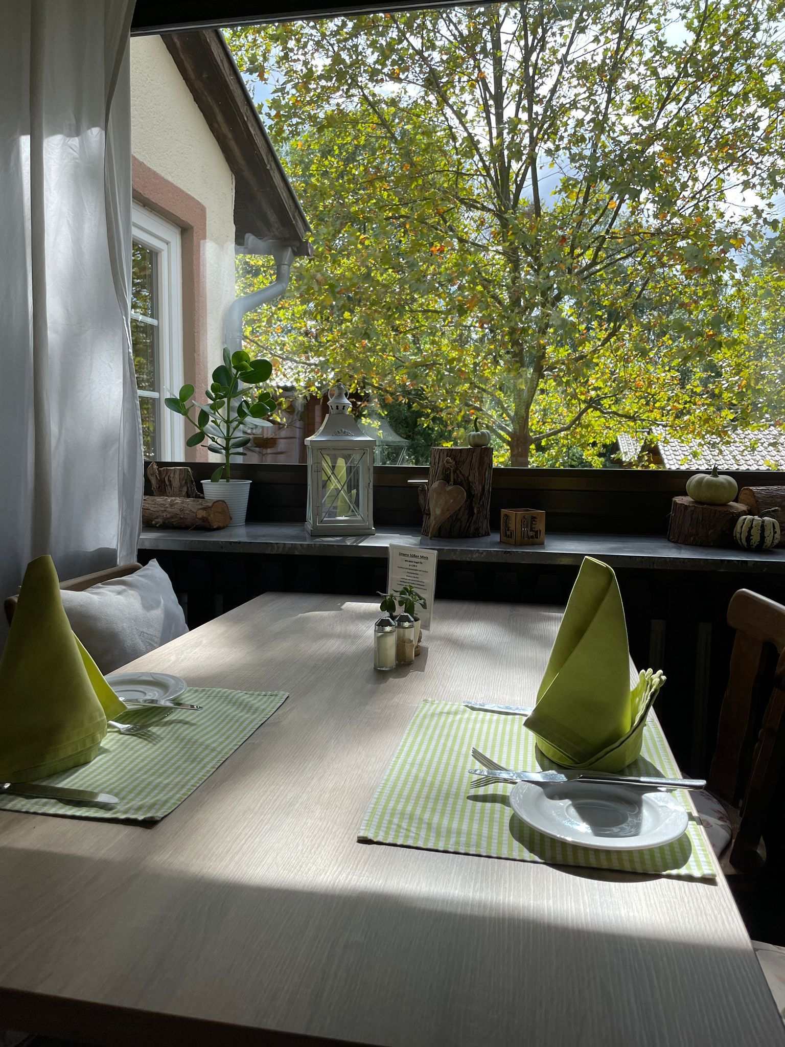 Gedeckter Restaurant Tisch im Herbst mit Sonnenstrahlen, Blick nach draußen auf Baum, Landhaus Hotelrestaurant in Wiesloch auf dem Gänsberg