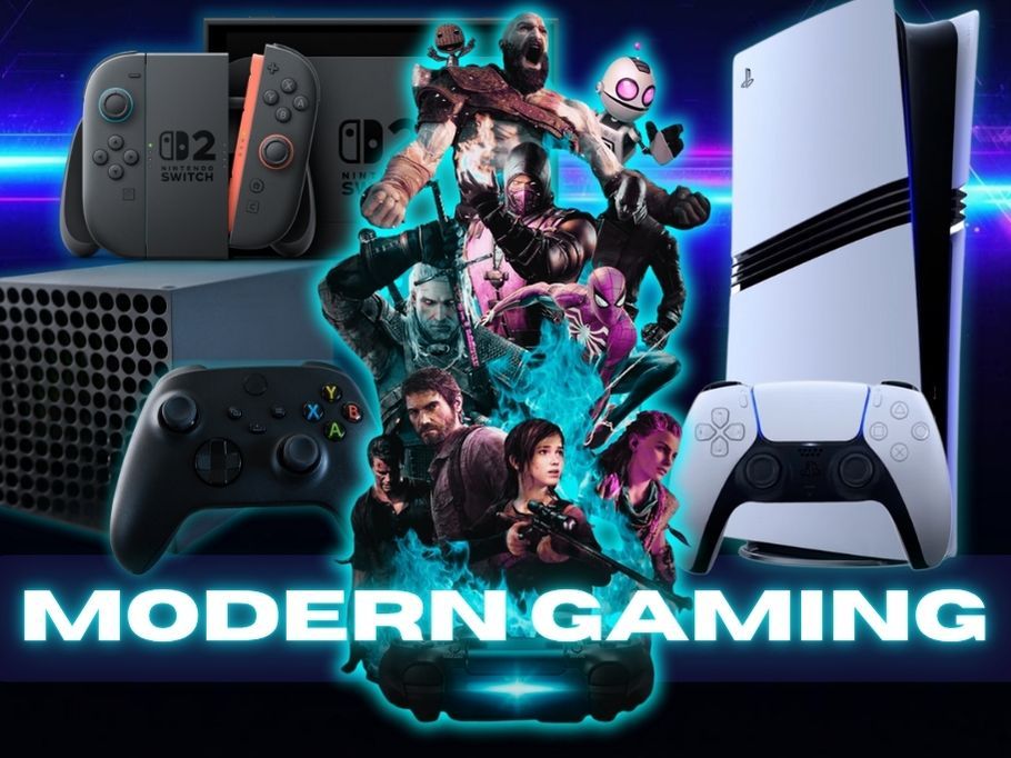 Eine PlayStation 5, eine Xbox Series X und eine Nintendo Switch 2 mit ihren jeweiligen Controllern stehen auf dunkelblauem Hintergrund. In der Mitte entspringt ein epischer, dynamischer Strudel aus bekannten Spiele-Charakteren der PlayStation-Ära. Das Motiv zeigt den leuchtenden Text MODERN GAMING AREA.