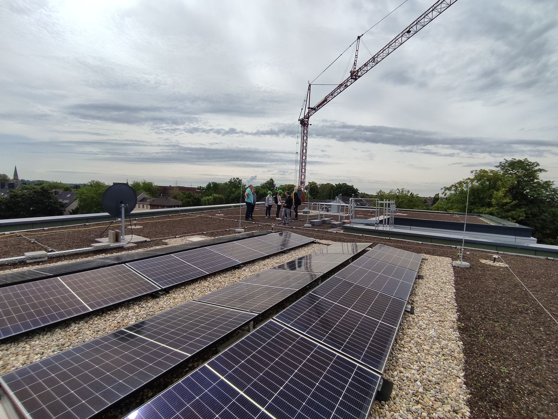 Photovoltaikanlage auf extensiver Dachbegrünung, kombinierte nachhaltige Energie- und Dachbegrünungslösungen für Klimaresilienz und Stadtbegrünung.