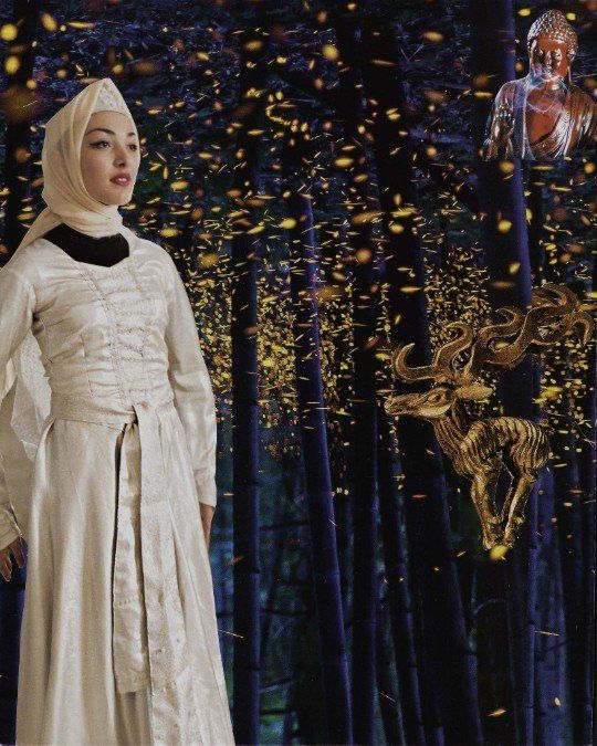 Sat Nam, Sat Nam Designs, Sat Dhyan Kaur, art, collage art, collage, firefly, fireflies, buddha, ram, white, woman, women, woman in white, magic, magical, forest, firefly forest, meditation, yoga, spiritual art, healing art