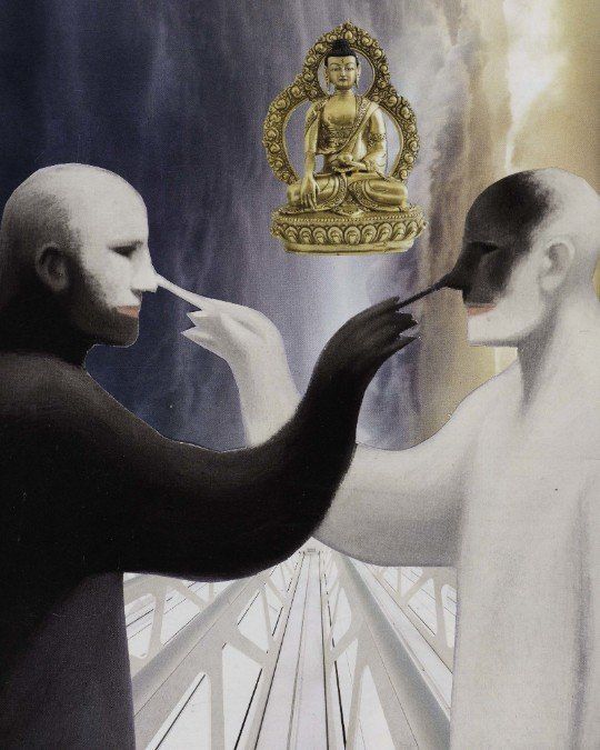 Sat Nam, Sat Nam Designs, Sat Dhyan Kaur, art, collage art, collage, buddha, paint, painting, white, black, acceptance, mirror, meditation, yoga, spiritual art, healing art