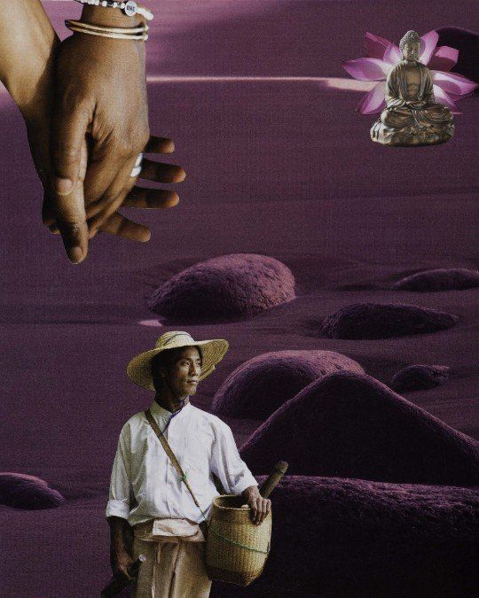 Sat Nam, Sat Nam Designs, Sat Dhyan Kaur, art, collage art, collage, hands, buddha, beach, purple, harmony, meditation, yoga, spiritual art, healing art