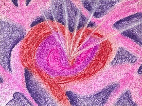 0111H Sat Nam Designs, heart, hearts, light, light beams, flight, bird, birds, Kundalini, Kundalini yoga, yoga, meditation, pastel chalk art, healing art, spiritual art, art, red, purple, white, pink