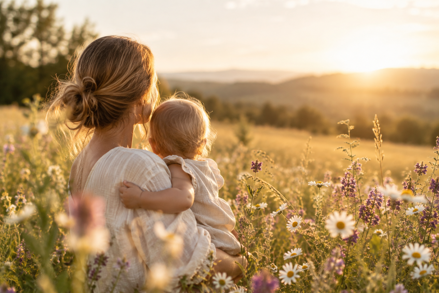 Mutter mit Kind auf einer Blumenwiese - Naturheilkunde für Kinder