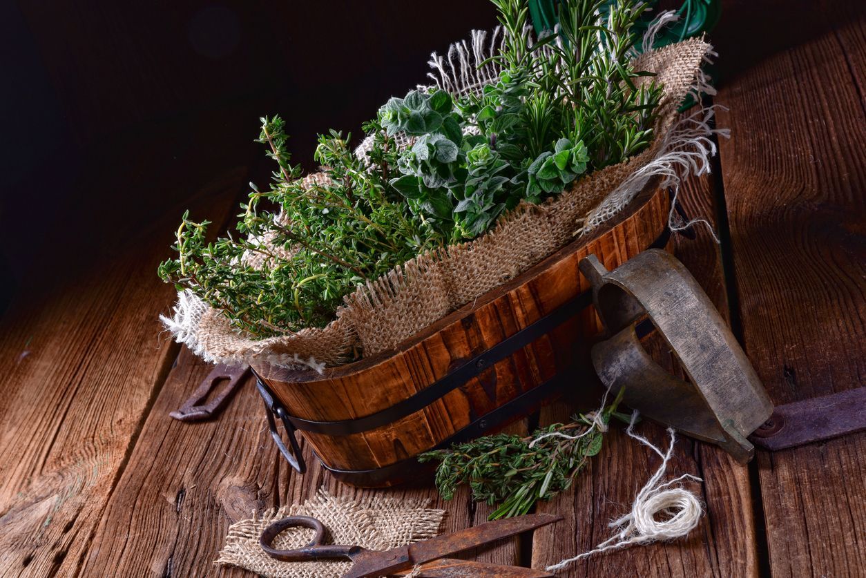 Getrocknete Kräuter und Gewürze in einem Korb - Symbol für feine Grenzen zwischen Genuss und Arznei