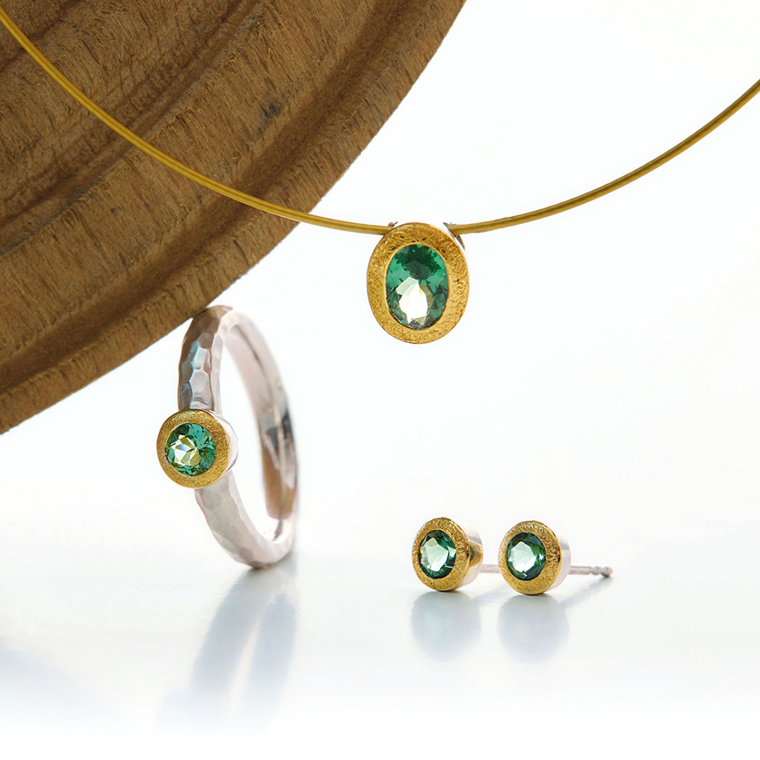 Turmalinset 925Silber Feingold Edelstahlreif vergoldet