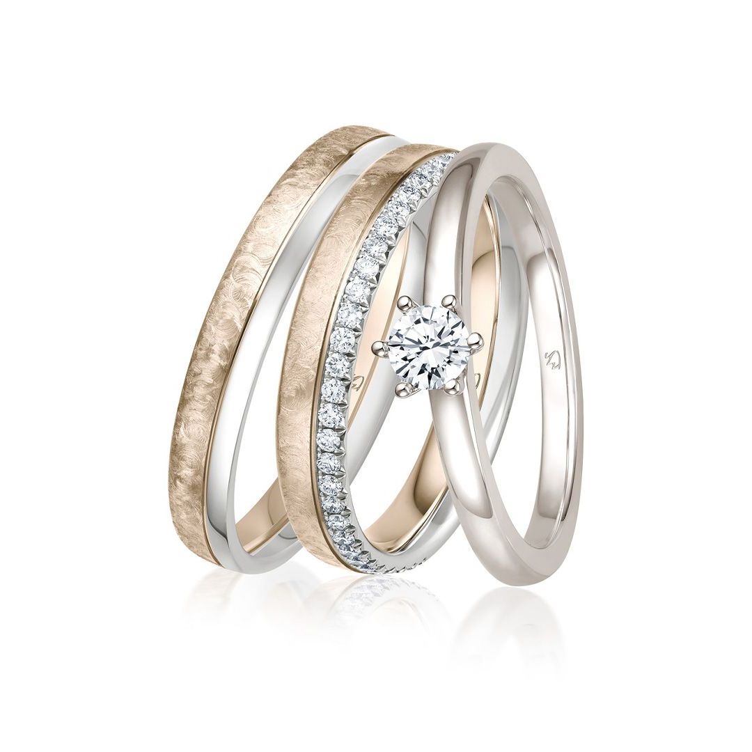 Wörner Trauringe Trio mit Vorsteckring Brillant Weißgold Rosegold