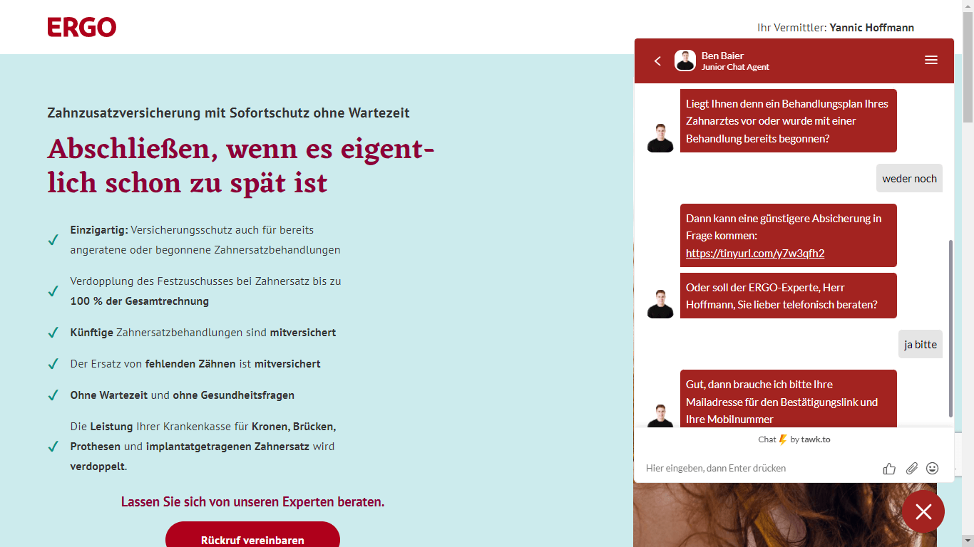 Chatfairy Live Chat Service auf Landingpage