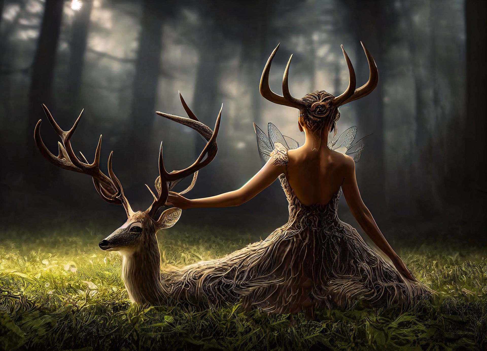 Hirsch und Frau mit Geweih auf einer Wiese